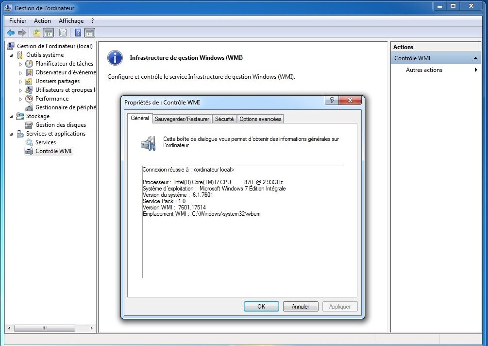 A Windows Computer Management window with the WMI Control node selected and its properties dialogue open, showing a successful connection to the local computer, the processor, operating system, system version, WMI version and the WMI location C:\Windows\system32\wbem.