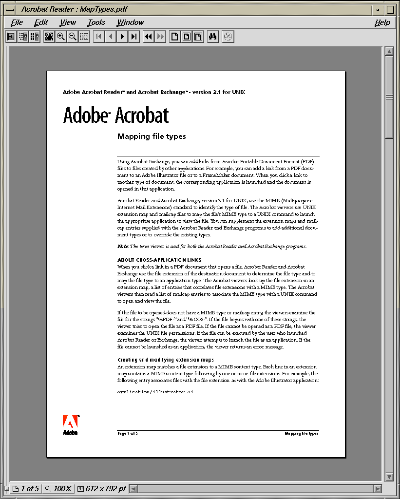 Screenshot of a mid-1990s PDF viewer window showing a document page, toolbar and scroll bars on a Unix desktop