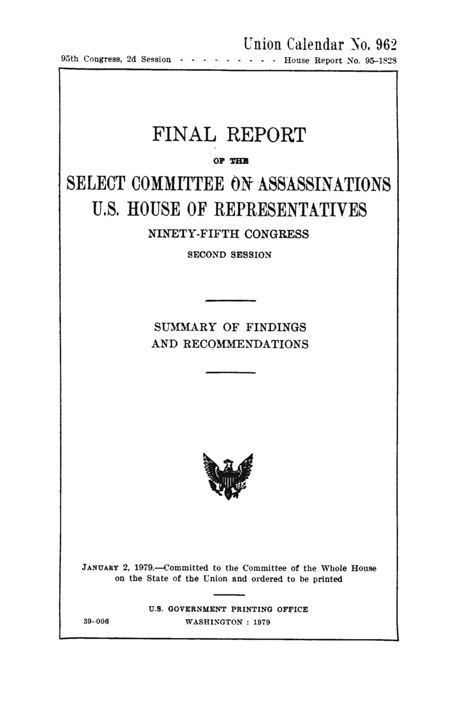 Printed title page reading Final Report of the Select Committee on Assassinations, U.S. House of Representatives, Ninety-Fifth Congress, Second Session, Summary of Findings and Recommendations.