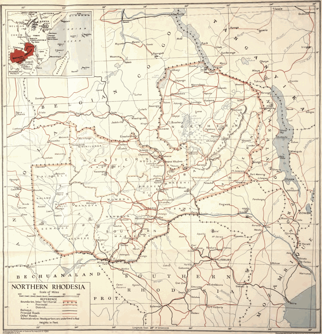 A printed 1949 map of the British protectorate of Northern Rhodesia showing provinces, districts, towns, railways, roads and rivers, with an inset locating the territory in central and eastern Africa.