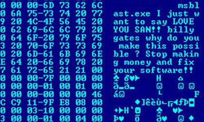 A hexadecimal dump of binary code in blue and white, with readable text on the right reading msblast.exe and a message beginning "billy gates why do you make this possible?".