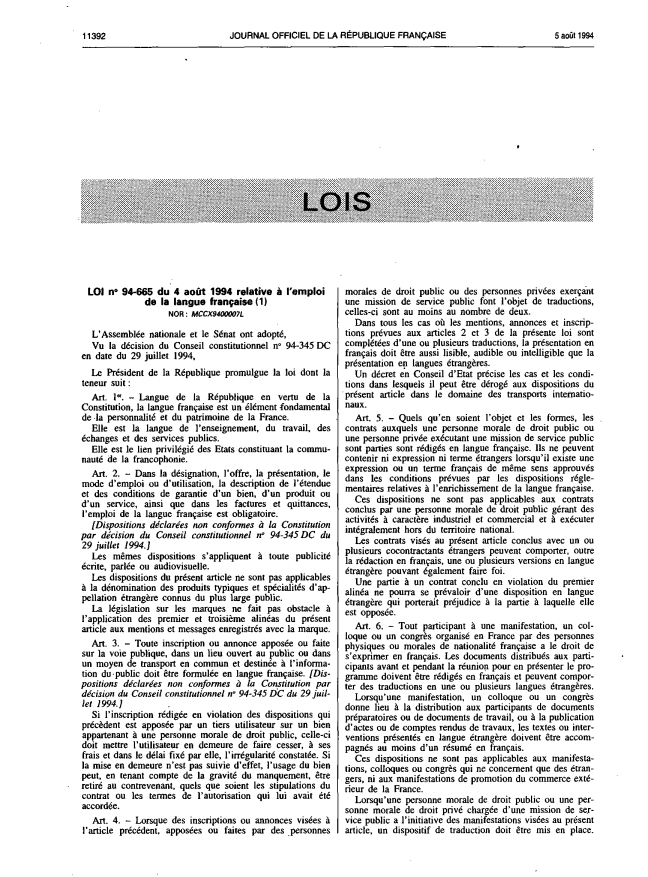A printed page of the French official gazette headed LOIS, set in two dense columns, opening with the text of law 94-665 of 4 August 1994 on the use of the French language.