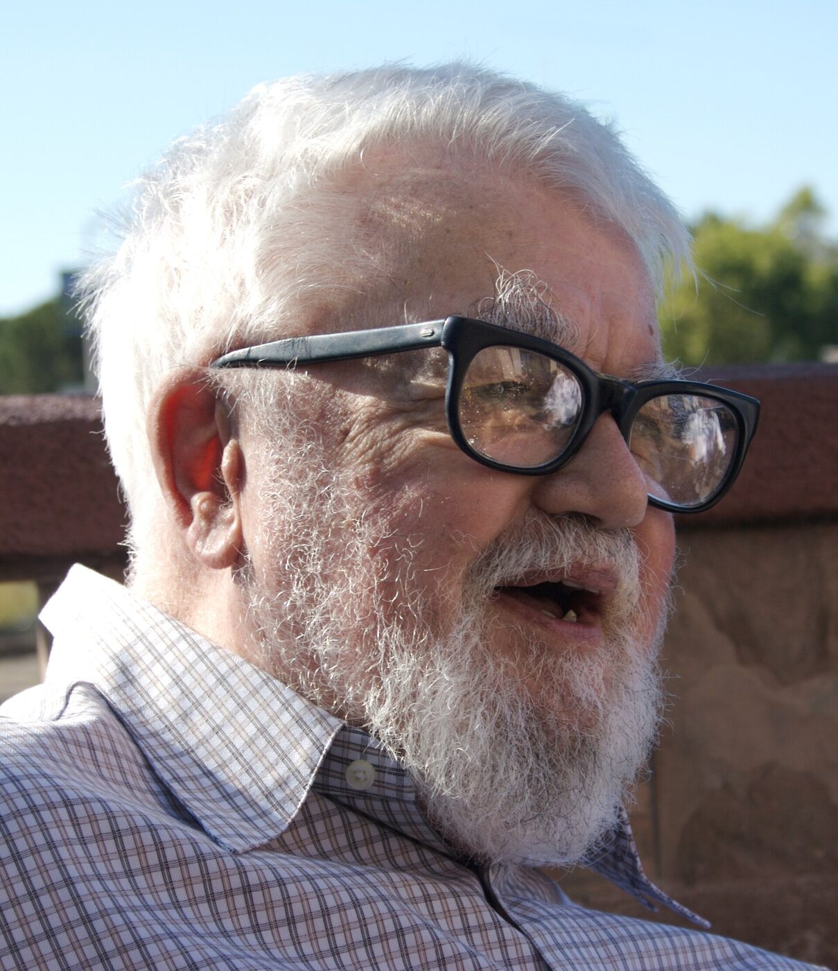 Close-up of an elderly white-bearded man in heavy black-rimmed glasses and a checked shirt, outdoors in bright sunlight.