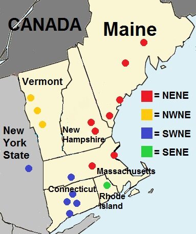 A map of the six New England states with coloured dots marking individual cities, keyed in a legend to four dialect regions labelled NENE, NWNE, SWNE and SENE; the colours group cities across state borders rather than within them.