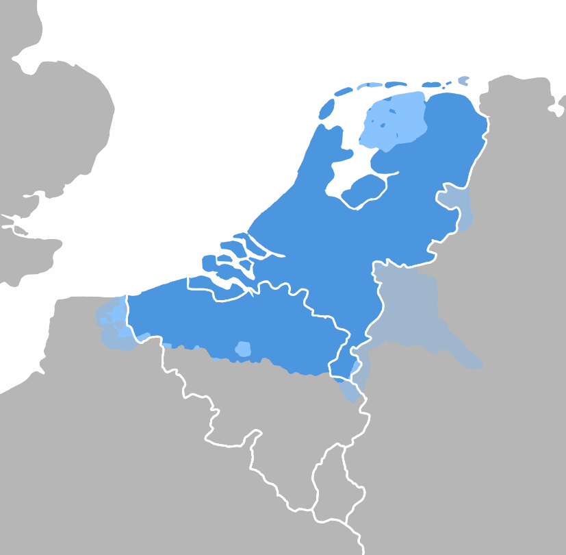 Map of western Europe shading the areas where Dutch is spoken: the Netherlands, northern Belgium and a strip of northern France.