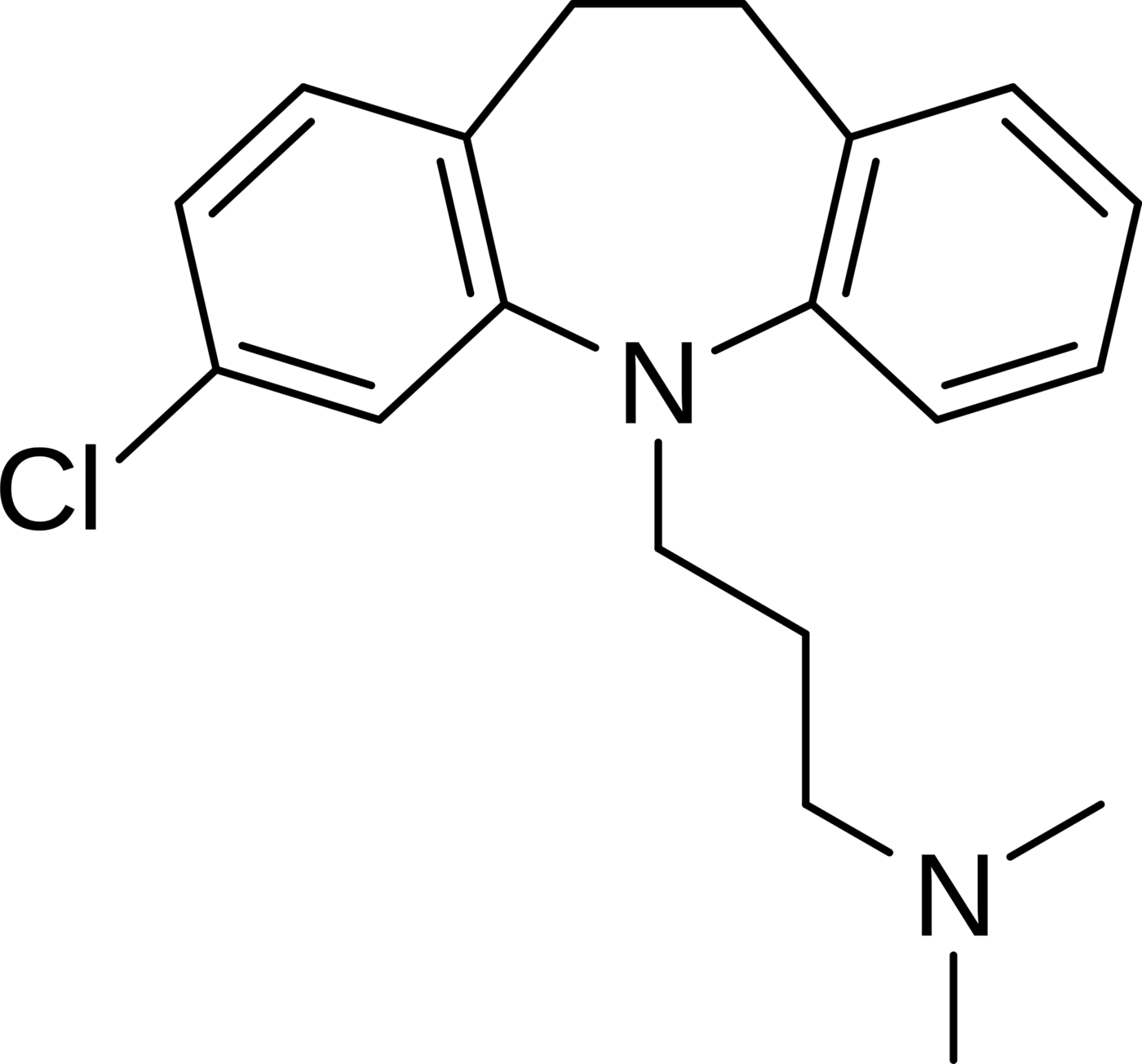 Line diagram of the clomipramine molecule: a three-ring tricyclic core carrying a chlorine atom, with a short side chain ending in a dimethylamino group.