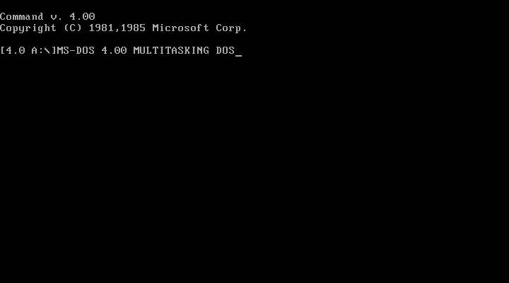 A black text-mode screen reading Command v. 4.00, Copyright (C) 1981,1985 Microsoft Corp., above a prompt reading [4.0 A:\]MS-DOS 4.00 MULTITASKING DOS.