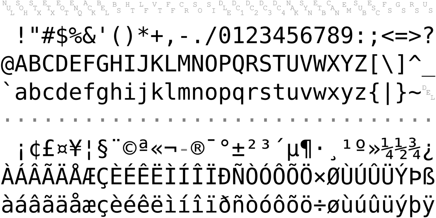 Rows of characters making up the ISO/IEC 8859-1 repertoire: control-code abbreviations, the printable ASCII range, and the Latin-1 supplement of accented letters, punctuation and symbols.