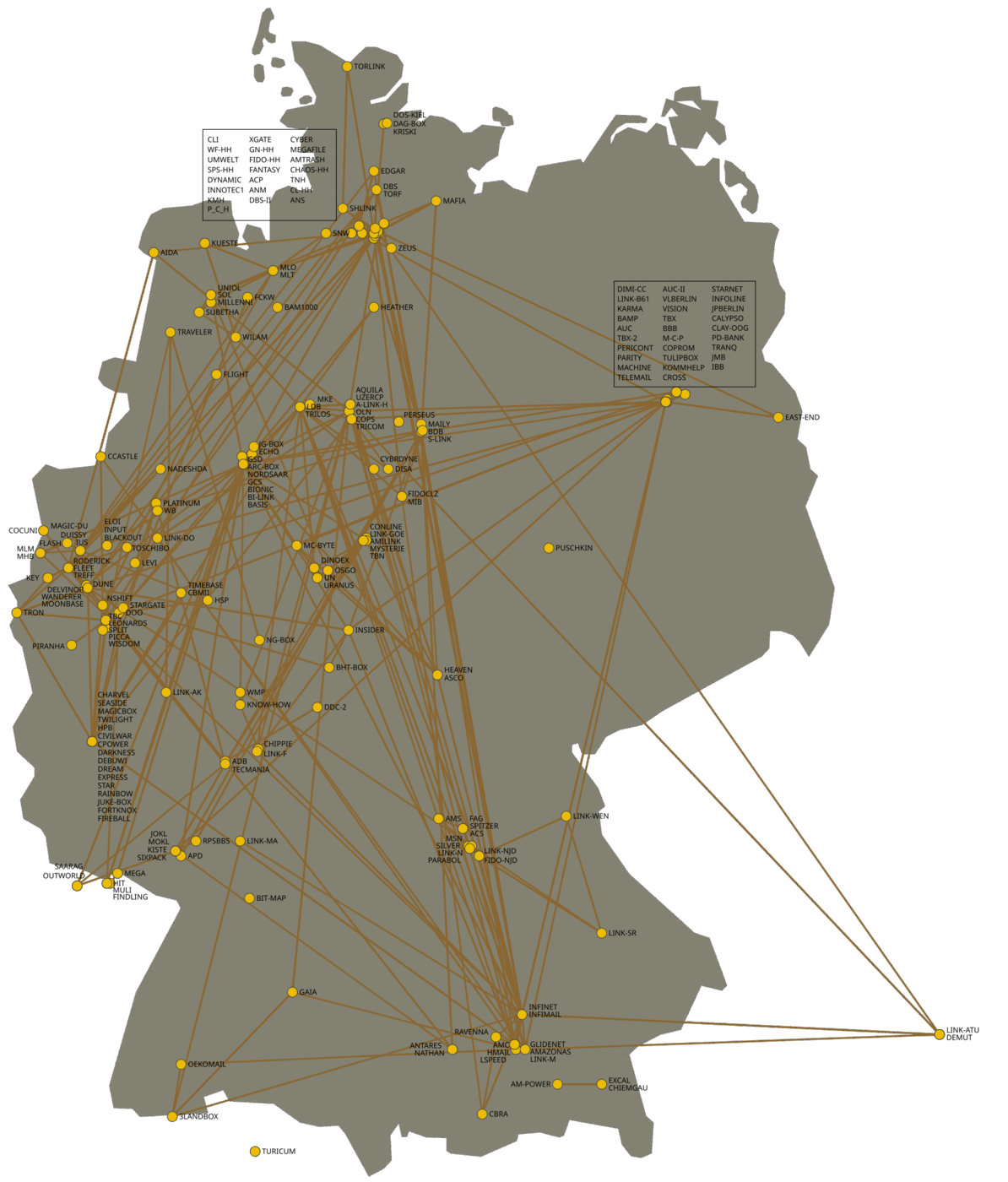 An outline map of Germany covered with hundreds of small dots joined by lines, denser around the western and southern cities.