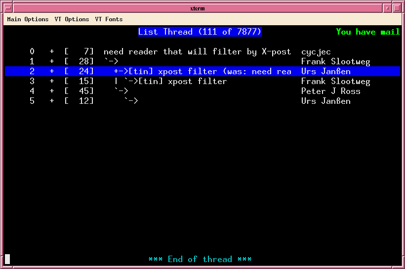 Terminal screenshot of the text-based tin newsreader showing a list of Usenet articles arranged into discussion threads.