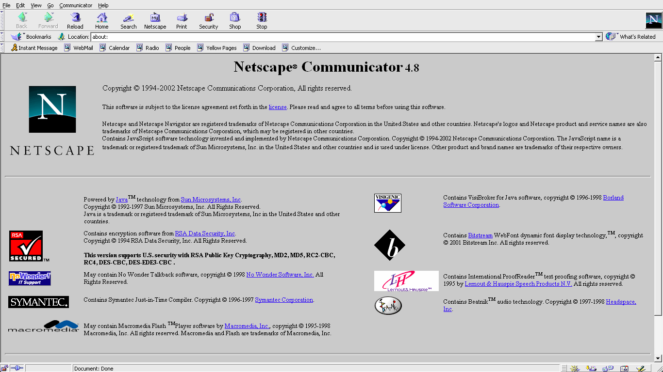 Screenshot of the Netscape Communicator 4.8 about: page in a grey Windows-style browser window, showing the Netscape N logo, copyright notices and a grid of third-party component credits.