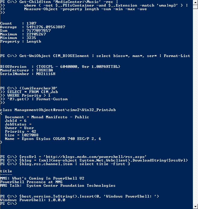 Screenshot of a blue PowerShell console window showing several piped commands with their tabulated output, ending with the version string Windows PowerShell: 1.0.0.0.