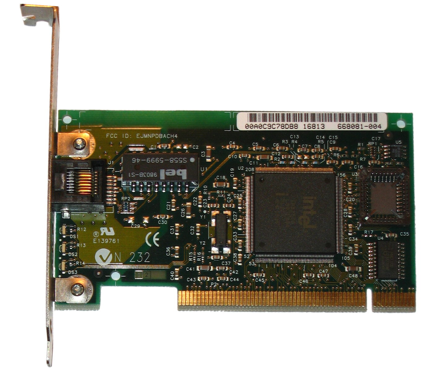 A green PCI expansion card carrying an Intel Ethernet controller chip, an RJ-45 network socket at the bracket end and rows of surface-mounted components.