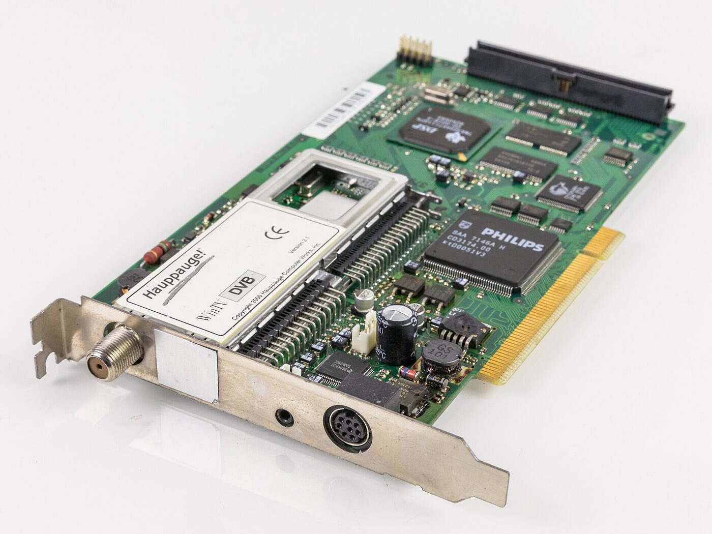 A green PCI expansion card photographed at an angle against a white background, its metal bracket carrying a screw-on coaxial socket, with a Philips integrated circuit and a white Hauppauge WinTV DVB label on the board.