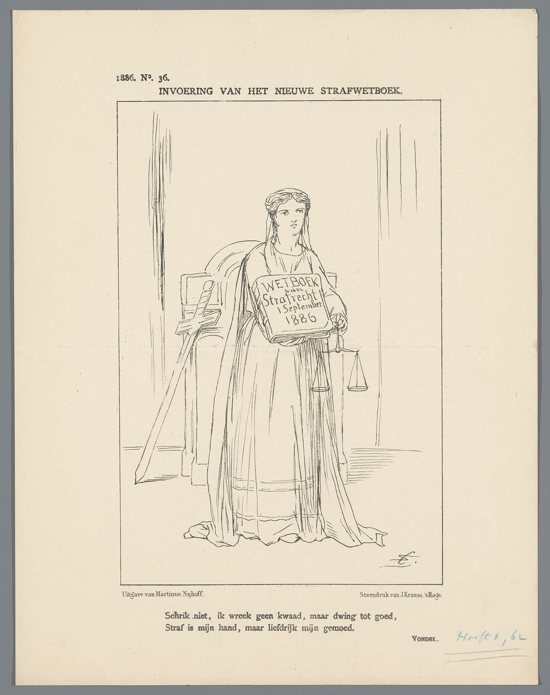 Nineteenth-century lithographed print of a robed allegorical figure of Justice holding a book lettered Wetboek van Strafrecht 1 September 1886, with a sword and a pair of scales.