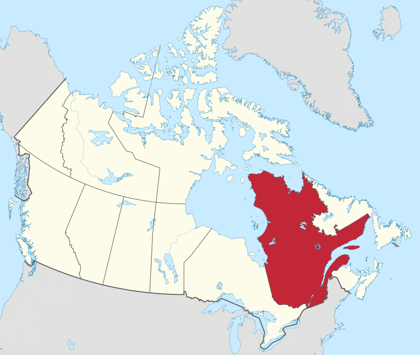 An outline map of Canada with the province of Quebec, in the east of the country, shaded dark red against the pale outlines of the other provinces and territories.