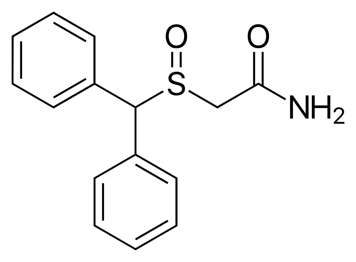 Skeletal chemical structure diagram of the modafinil molecule.