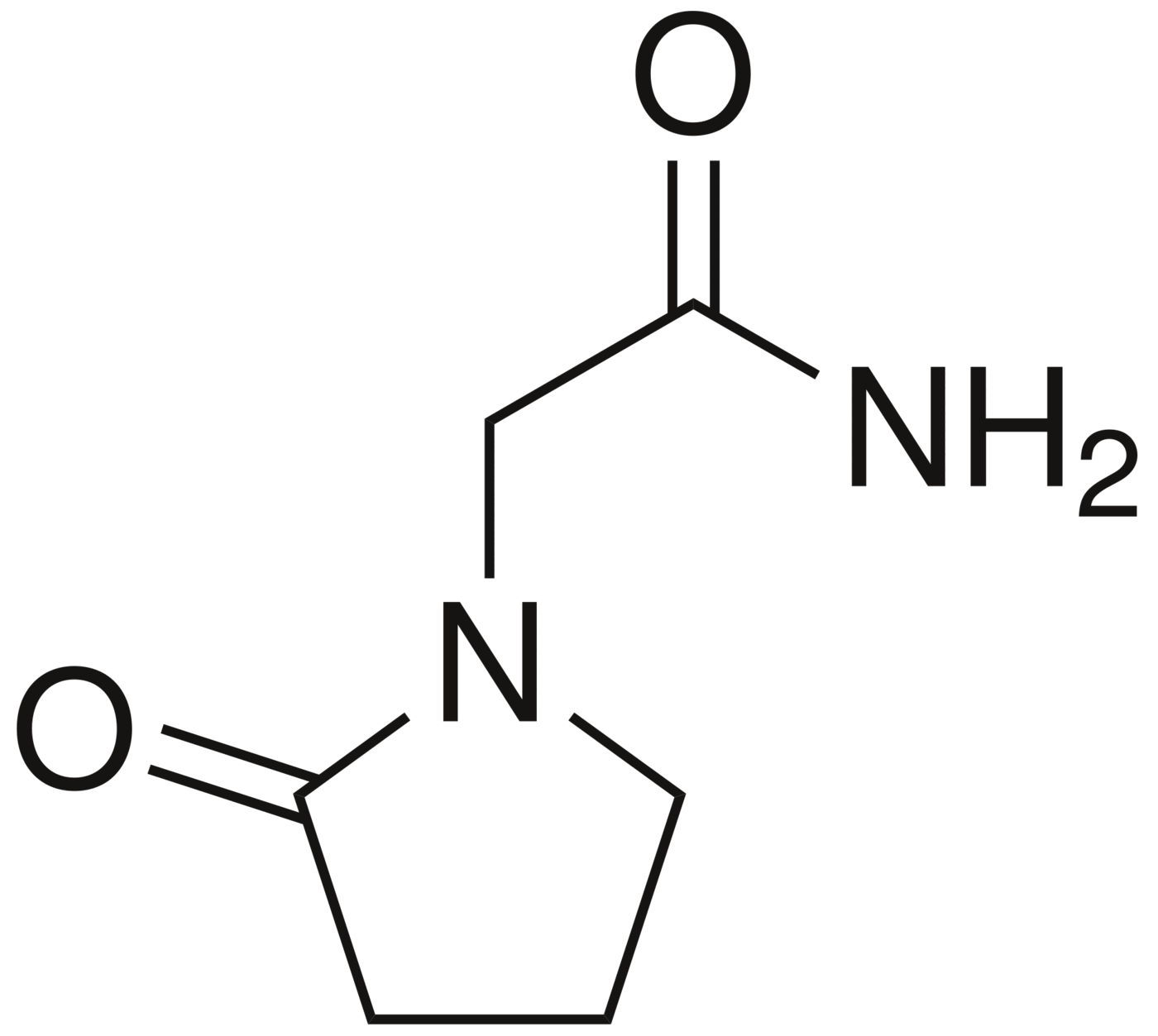 Skeletal chemical structure diagram of the piracetam molecule.