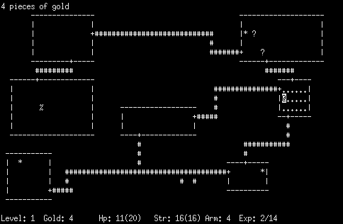 Monochrome terminal screen showing a dungeon level drawn in dashes, vertical bars and hash marks, with letters and punctuation for the player, items and monsters, and a status line reading Level, Gold, Hp, Str, Arm and Exp.
