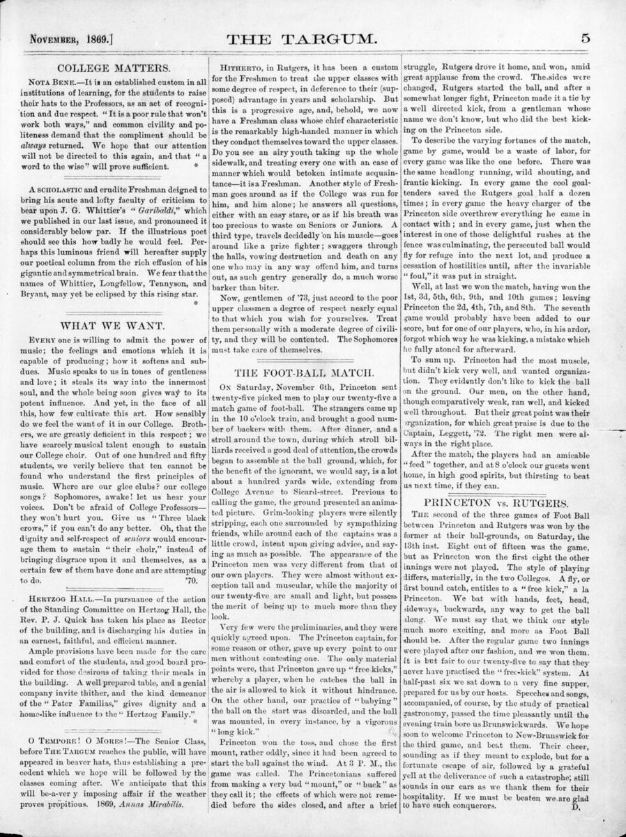 A column of nineteenth-century newspaper type from an 1869 student newspaper, reporting a football match between Rutgers and Princeton.