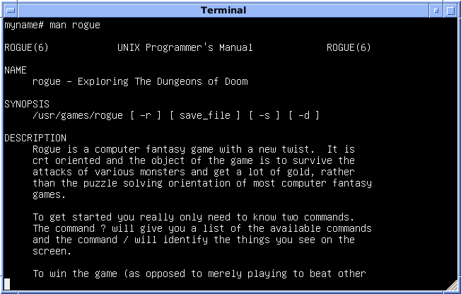 A terminal window showing the command “man rogue” and the start of the ROGUE(6) manual page, with NAME, SYNOPSIS and DESCRIPTION sections in white text on black.