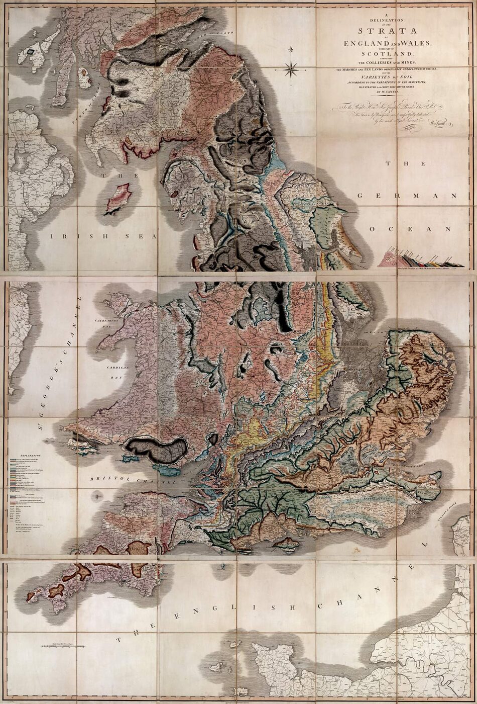 A hand-coloured geological map of England, Wales and southern Scotland on a folded, linen-backed sheet, with broad bands of colour sweeping from the south-west to the north-east to mark successive rock strata, and an engraved title panel and key at the top right.