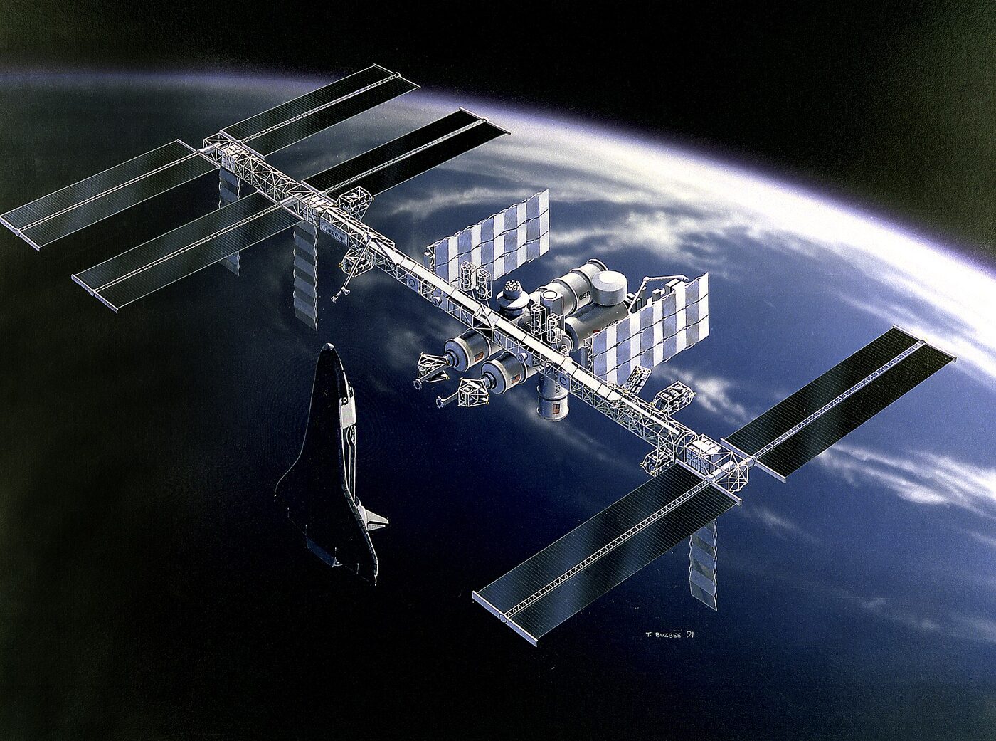 Painted rendering of a large space station with a long horizontal truss, three sets of solar arrays and a cluster of cylindrical modules at the centre, above the Earth.