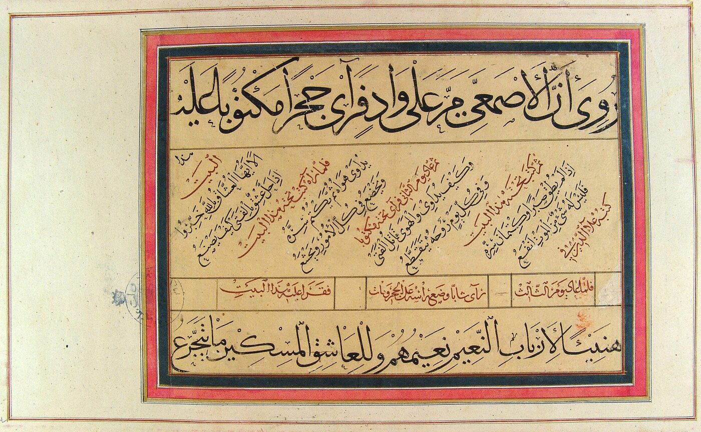 A manuscript album page densely written in large cursive Arabic script, the lines set at angles within ruled panels.