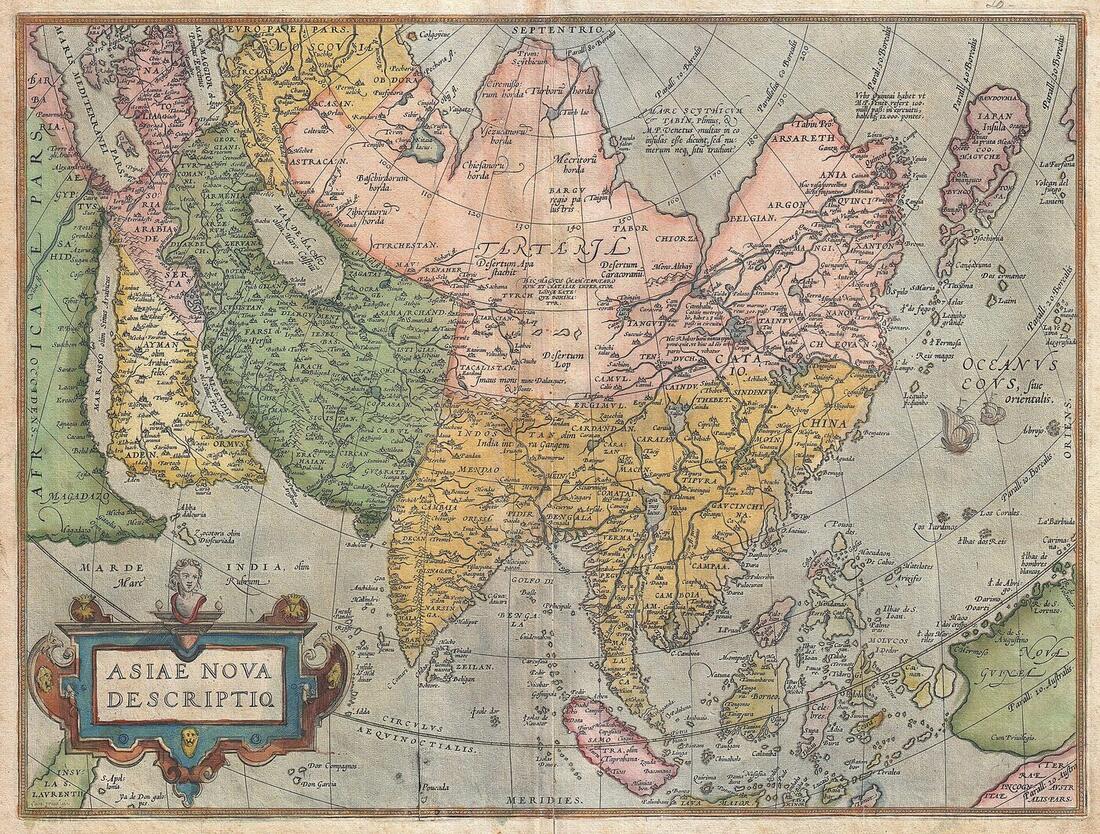 Sixteenth-century engraved and hand-coloured map showing Asia from the Mediterranean to Japan, with Latin place names, decorative sailing ships in the seas and a strapwork title cartouche reading Asiae Nova Descriptio.