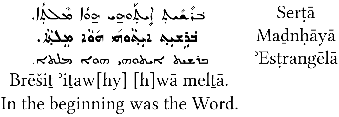 Three lines of right-to-left Syriac script, one above another, each showing the same words written in a visibly different style of lettering.