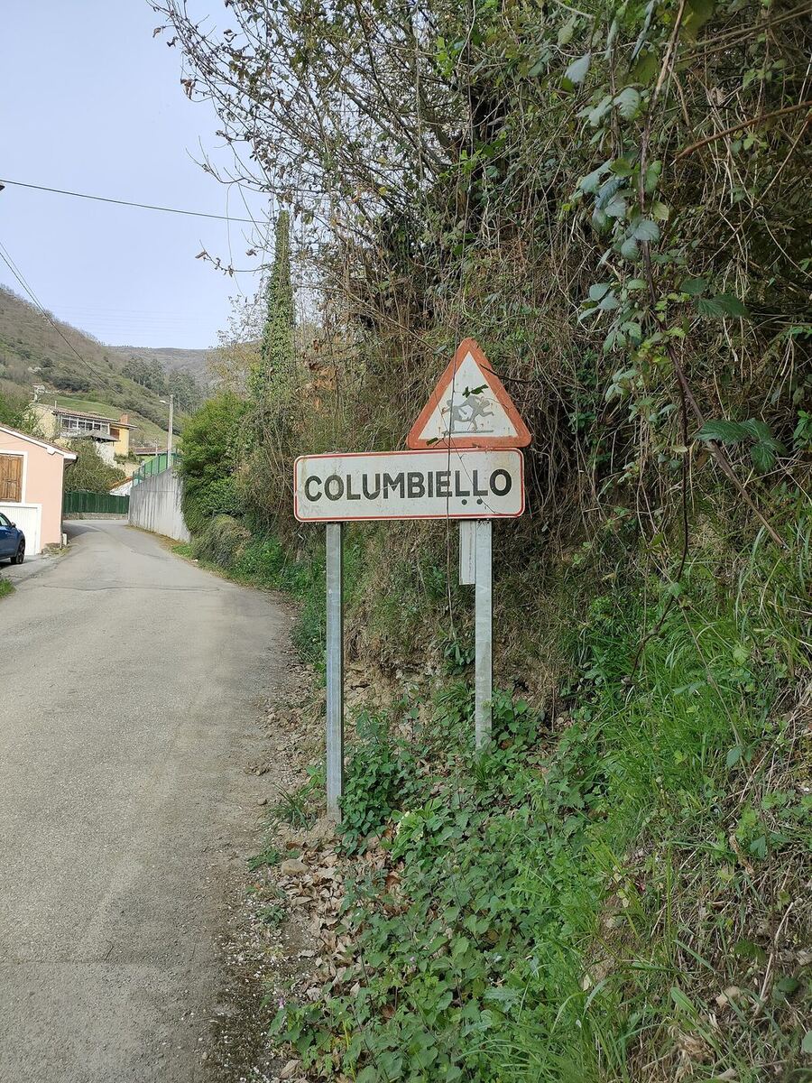 A white road sign with a red border beside a narrow rural road, lettered COLUMBIEḶḶO in capitals with a dot below each of the two Ls. A triangular warning sign stands above it, with a wooded hillside behind and a house further down the road.