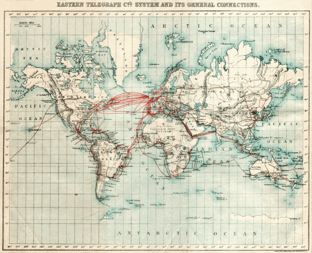 A 1901 world map on a dark ground showing the submarine telegraph cable routes of the Eastern Telegraph Company as fine lines linking Britain, the Mediterranean, India, south-east Asia and Australia, with landing points and connecting company names marked.