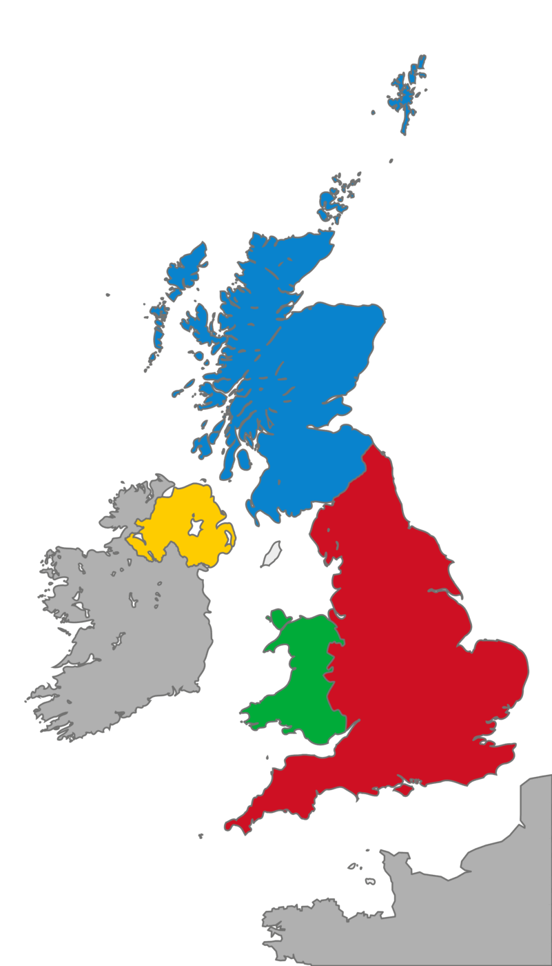 Outline map of the United Kingdom with England, Scotland, Wales and Northern Ireland shown in four different colours.