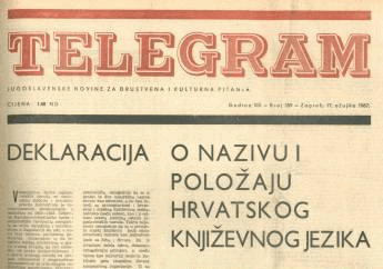The top of a newspaper front page: the masthead TELEGRAM in red above a large headline in Croatian, with one narrow column of small type at the left.