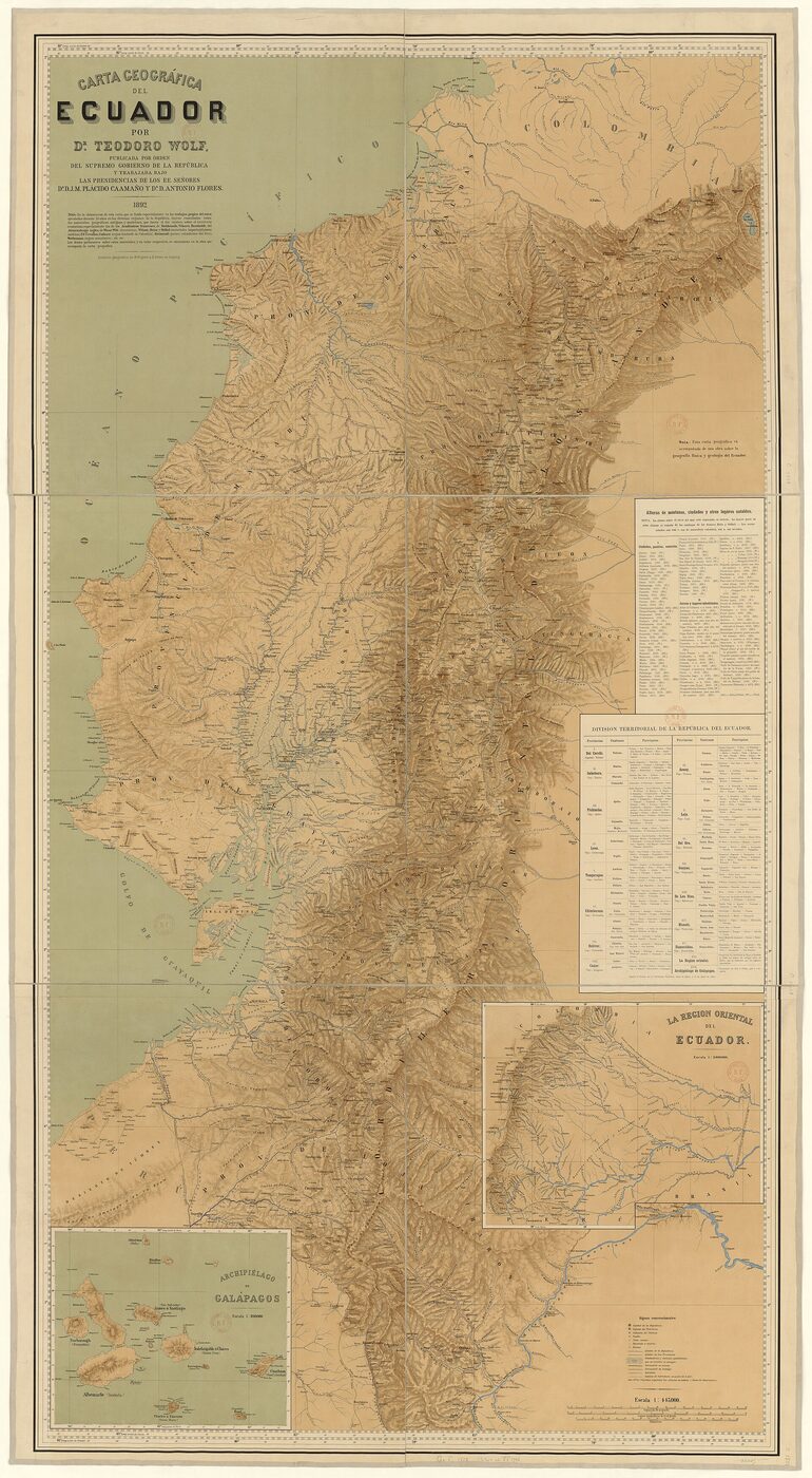 A large folded lithographed map of Ecuador in brown and green, with hill shading picking out the two Andean ranges between the coastal lowlands and the Amazon basin. The title cartouche at top left reads Carta Geografica del Ecuador por Dr. Teodoro Wolf. Two inset maps sit at the foot and right, one of the Galapagos archipelago and one of the eastern region, beside printed tables of mountain heights and of the territorial division of the republic.