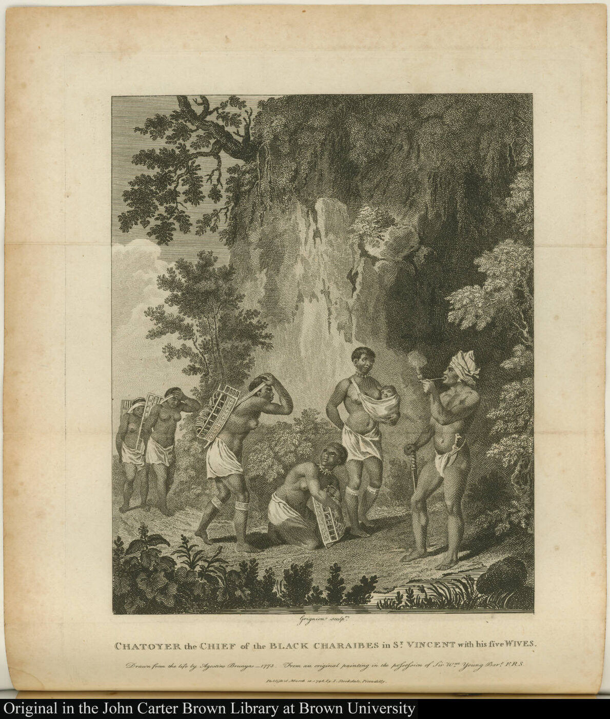 Engraved plate showing a group of Black Carib men and women in a wooded ravine below a waterfall; some carry rectangular basket frames on their backs, one woman carries an infant in a sling, and the lettered caption runs beneath the image.