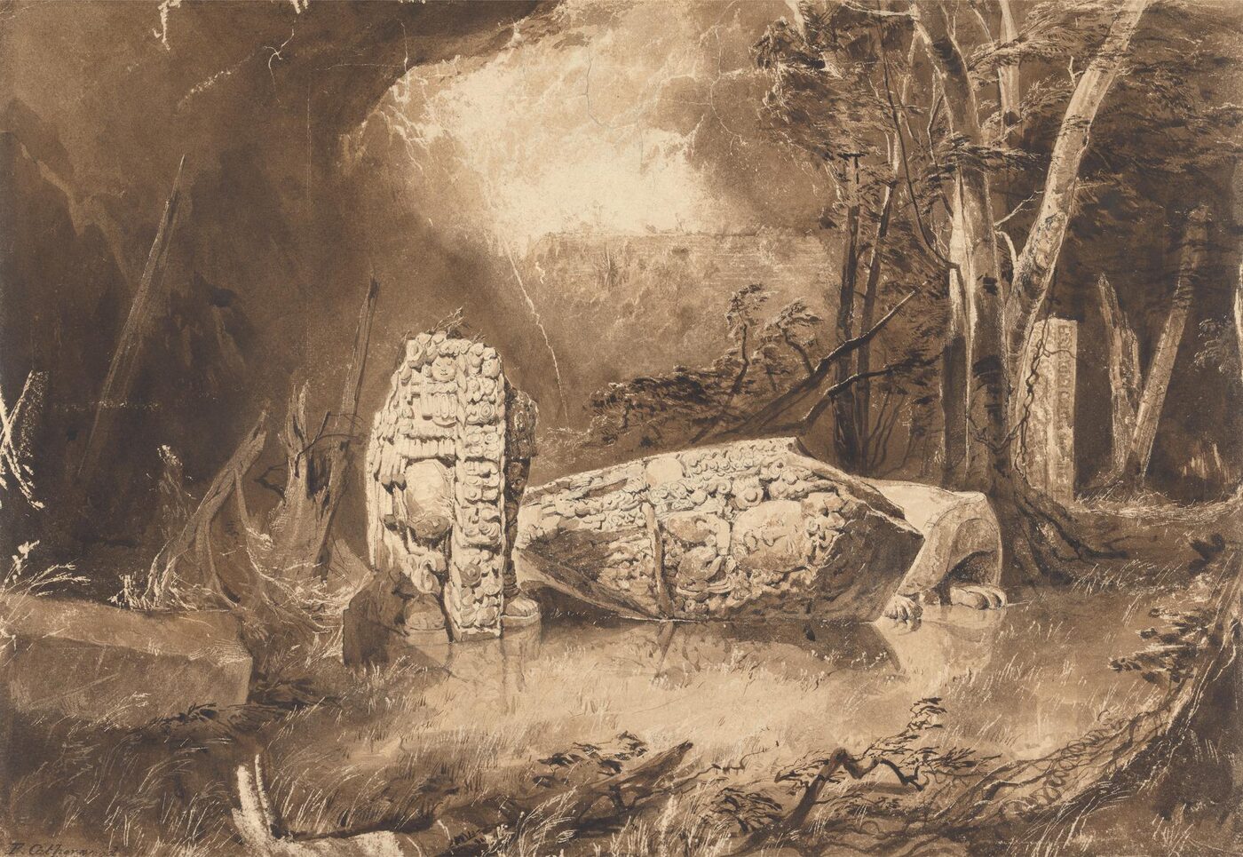 Wash drawing in brown ink of a standing carved stone stela and a large fallen carved block lying beside it in dense forest, with a second inscribed monument among tree trunks on the right.