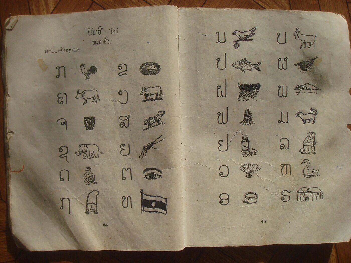 Open pages of a Lao primary schoolbook showing rows of Lao consonant letters, each printed beside a small black-and-white line drawing of a familiar object or animal.