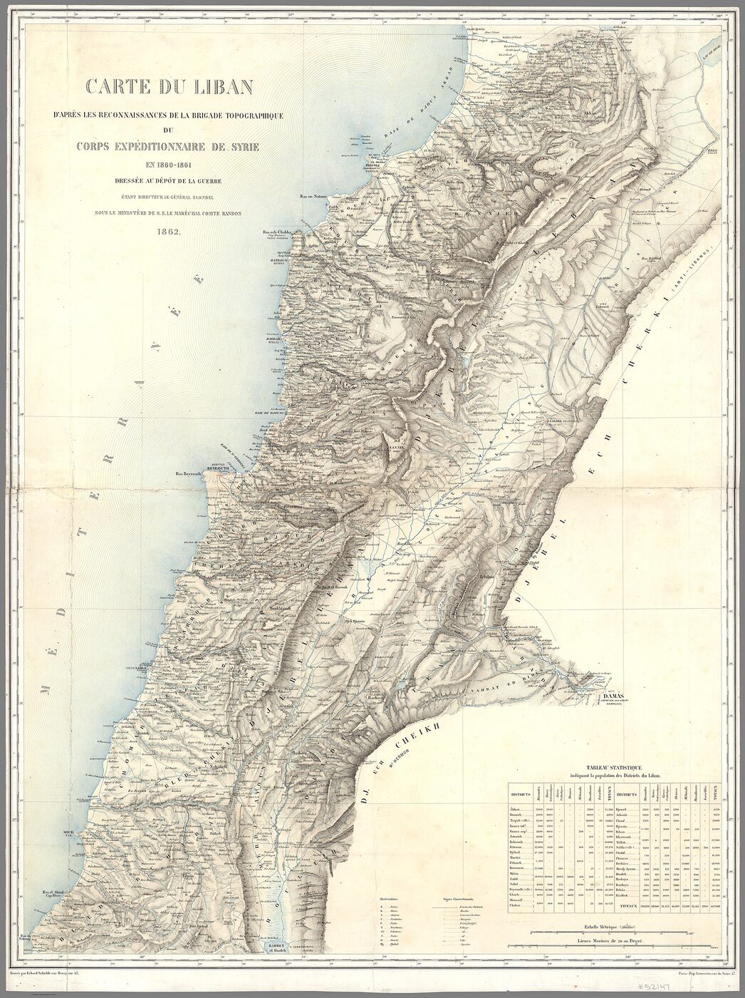 A hand-coloured nineteenth-century topographic map sheet titled Carte du Liban, showing the Mediterranean coast, the Lebanon and Anti-Lebanon ranges in hachured relief, Beyrouth and Damas, and a printed statistical table in the lower right corner.