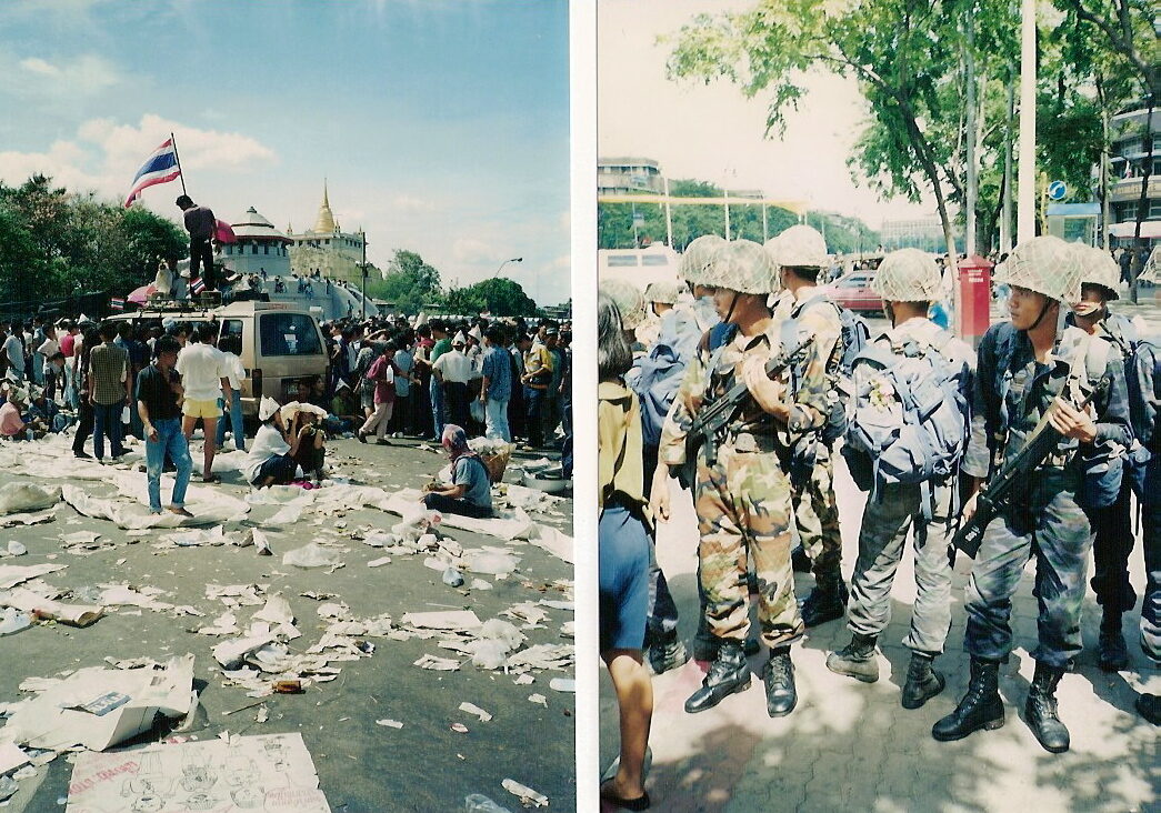 A dense crowd of protesters filling a Bangkok street in daylight during the May 1992 demonstrations.