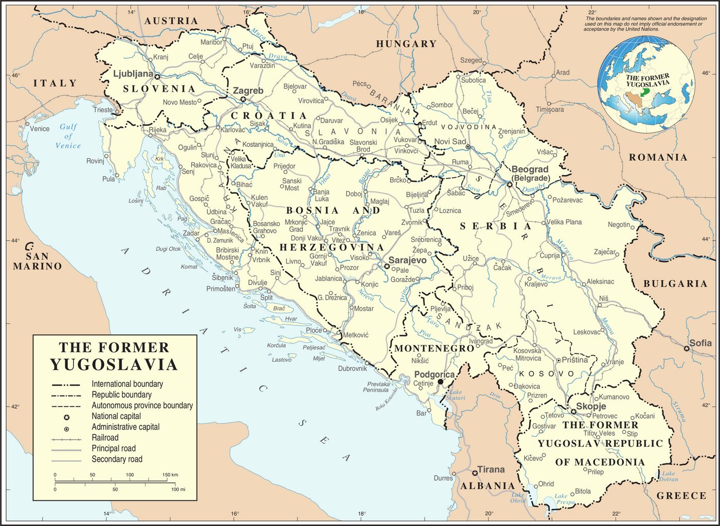 United Nations map titled The Former Yugoslavia, showing the successor states — Slovenia, Croatia, Bosnia and Herzegovina, Serbia, Montenegro and Macedonia — divided by international boundaries.